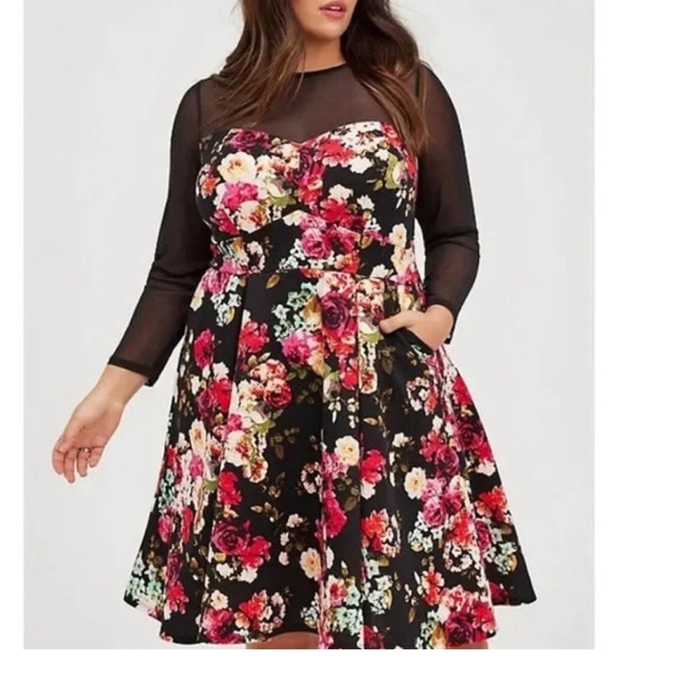 torrid Black Floral Fit-and-Flare Long Sleeve Dress